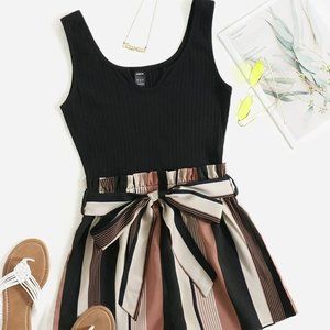 Notched Neck Block Stripe Belted Tank Romper